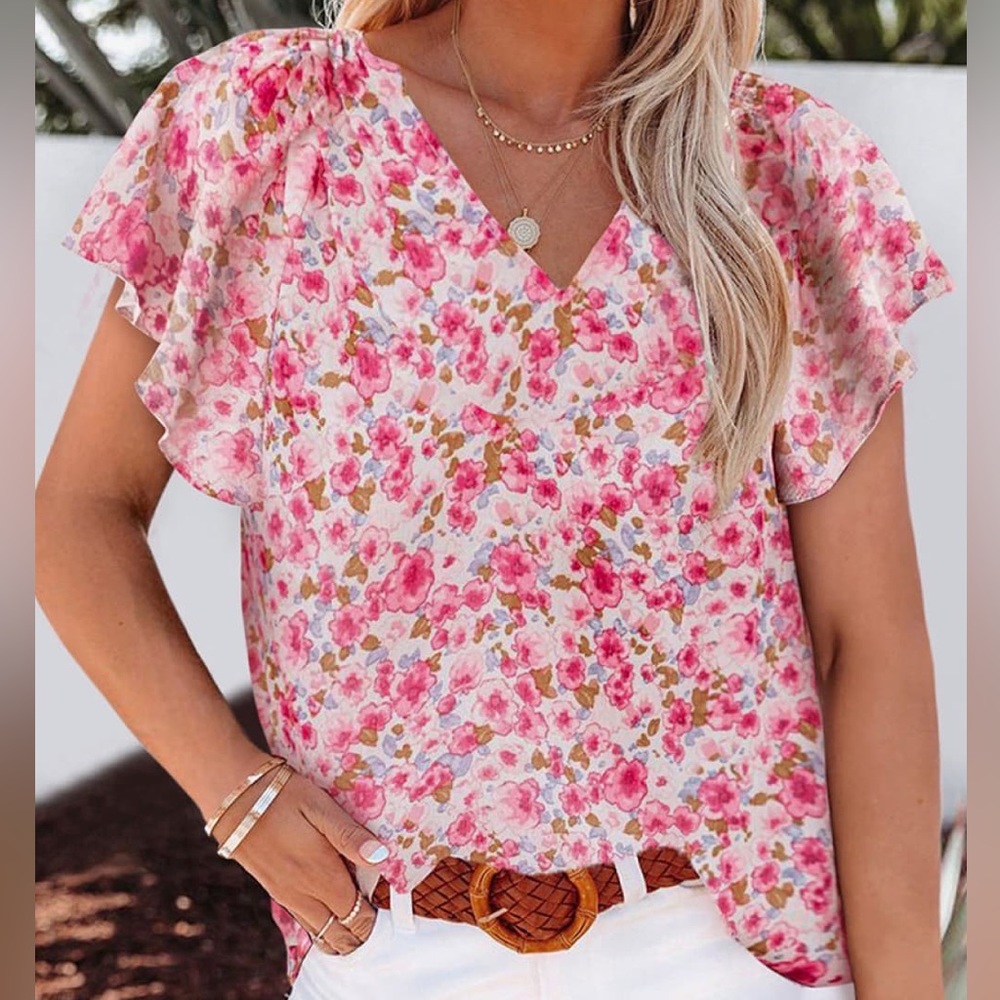FLORAL FLUTTER SLEEVE V-NECK BLOUSE - Picture 2 of 3